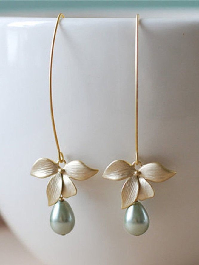 JFN  Women Stud Orchid Flower Sage Green Pearl Earring Hook Dangle Bridal