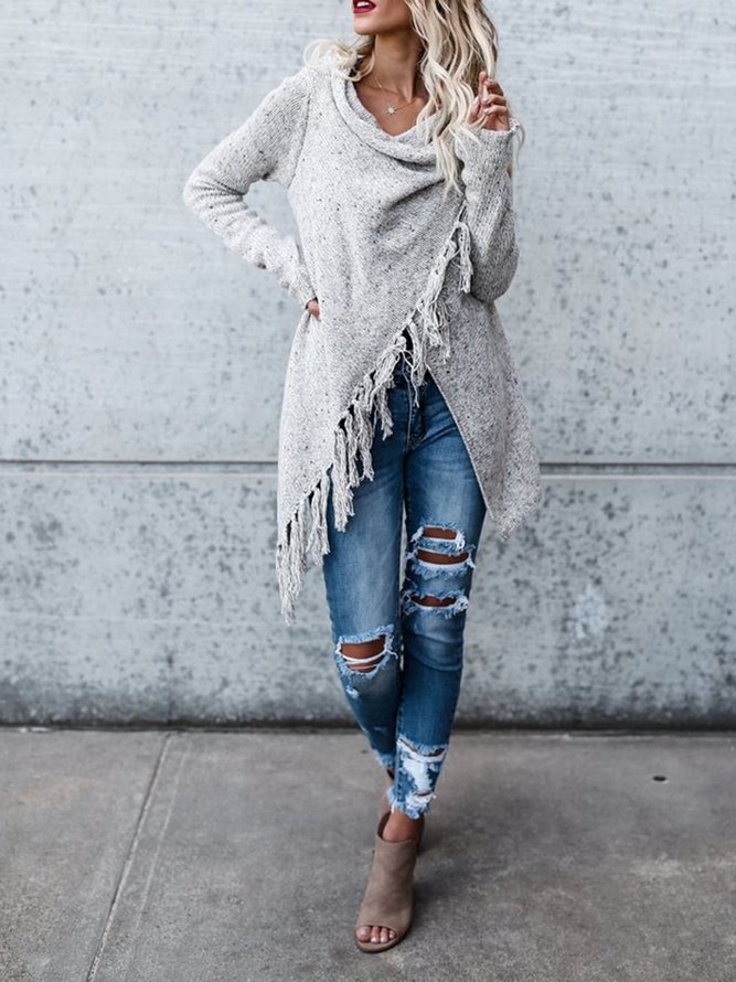 H Line Long Sleeve Plain Knitted Fringed Cardigan Clearance H Line Long Sleeve Plain Knitted Cardigan Justfashionnow