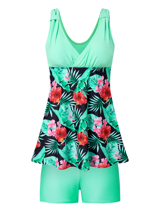 Vacation Floral Printing V Neck Swimdress Two-Piece Set