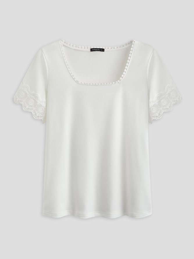 JFN Square Neck Solid Lace Basic T-Shirt/Tee