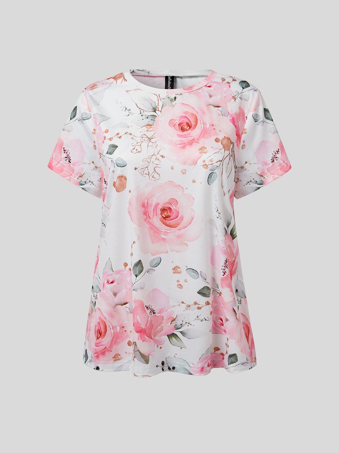 Women's Rose Print Crew Neck Floral Casual T-Shirt