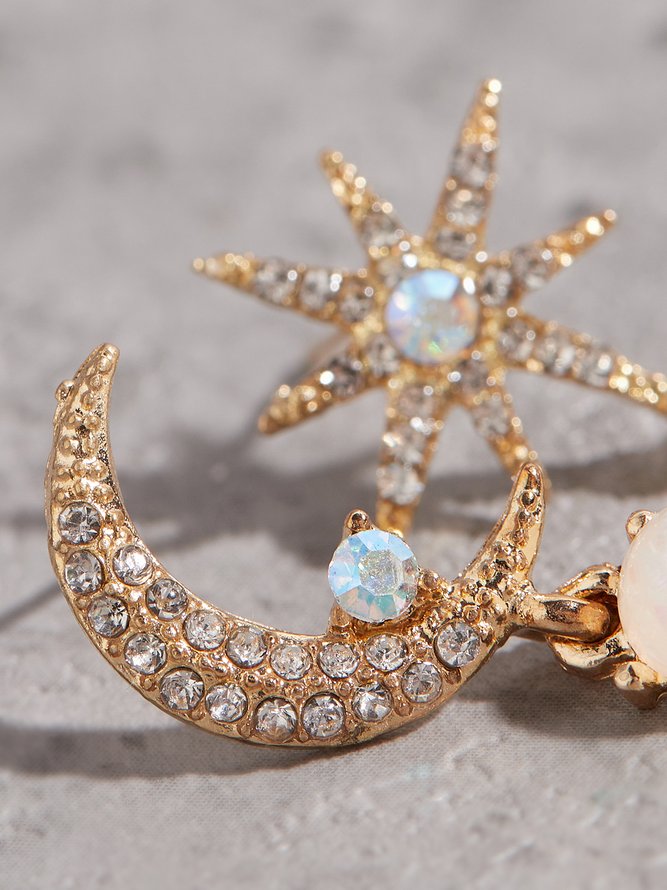 Vintage Diamond Star Moon Shaped Opal Moonstone Earrings Beach Vacation Wind Ethnic Jewelry