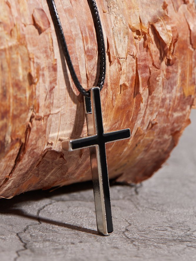 Daily Casual Black Cross Leather Rope Pendant Necklace Daily Dress Versatile Jewelry