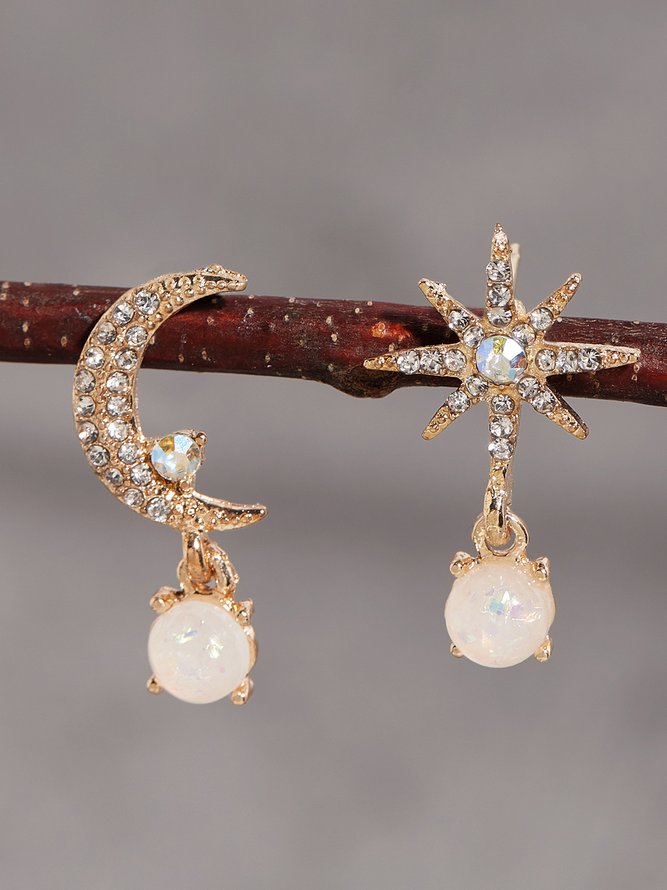 Vintage Diamond Star Moon Shaped Opal Moonstone Earrings Beach Vacation Wind Ethnic Jewelry