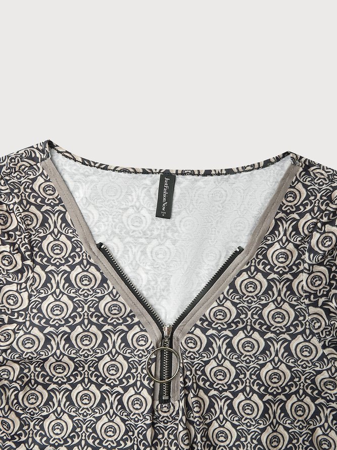 JFN V Neck Casual Ethnic Floral Design Long Sleeve Pullover Top