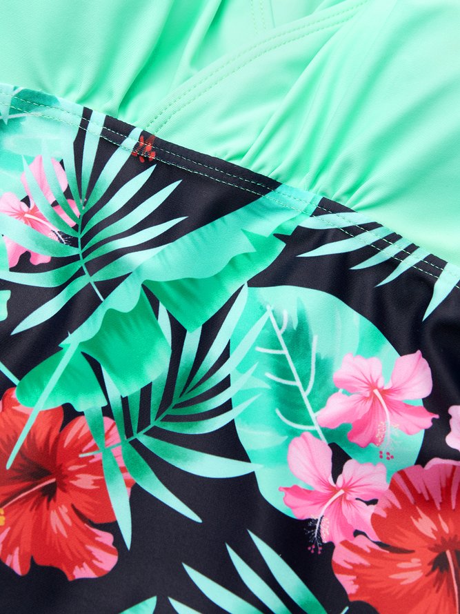 Vacation Floral Printing V Neck Swimdress Two-Piece Set