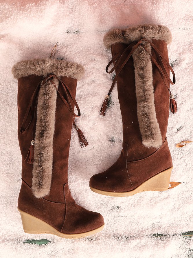 Women Plus Size Vintage Fringe Plush Warm Wedge Heel Block Heel Snow Boots