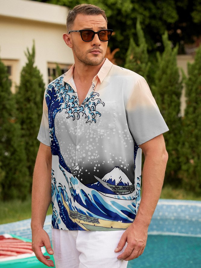 Mens Japanese Ukiyoe Wave Print Casual Breathable Chest Pocket Short Sleeve Hawaiian Shirt