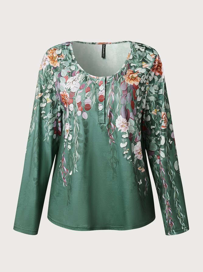 JFN Women Casual U Neck Leaves Floral Print Daily Long sleeve T-Shirt