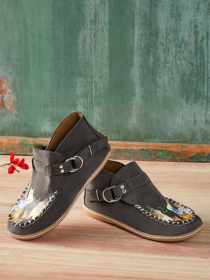 Cat Buckle Comfortable Soft Leather Short Boots Casual High Top Shoes