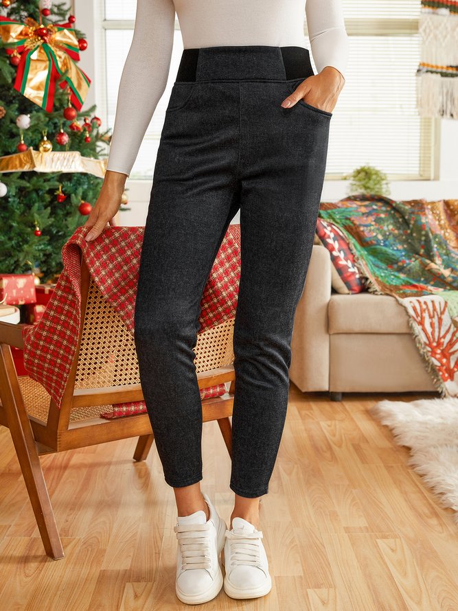 High Waist  Warmth Plain Denim Casual  Tight Jeans