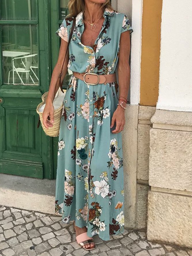 Shirt Collar Women Weaving Dress Shift Daily Cotton-Blend Floral Weaving Dress