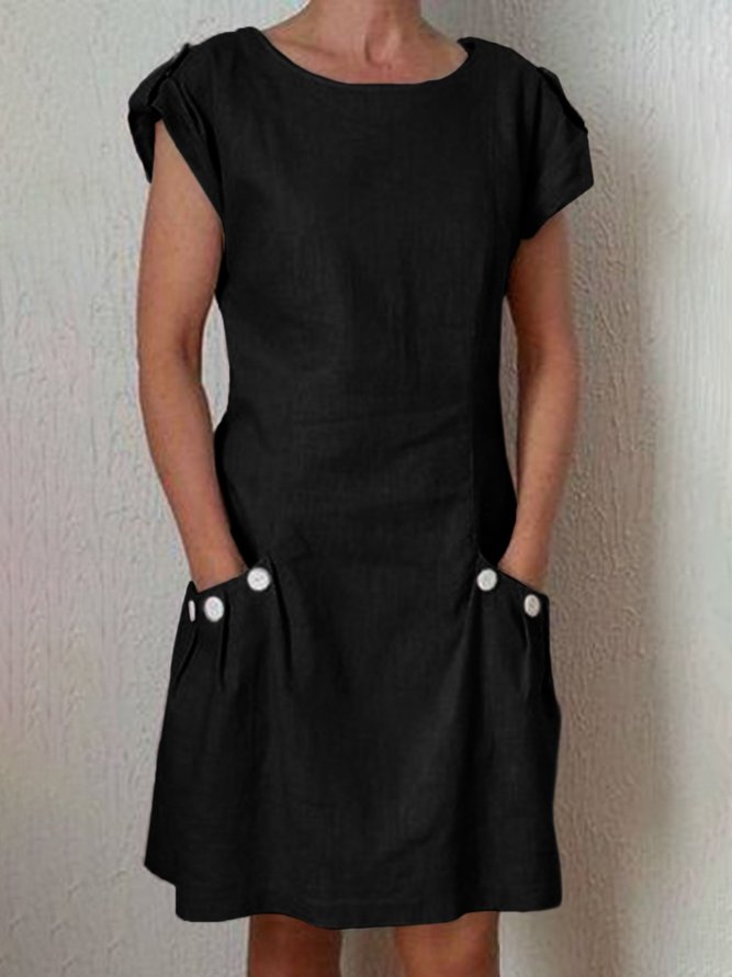 Summer Pockets Buttoned-decor Shift Linen Dresses