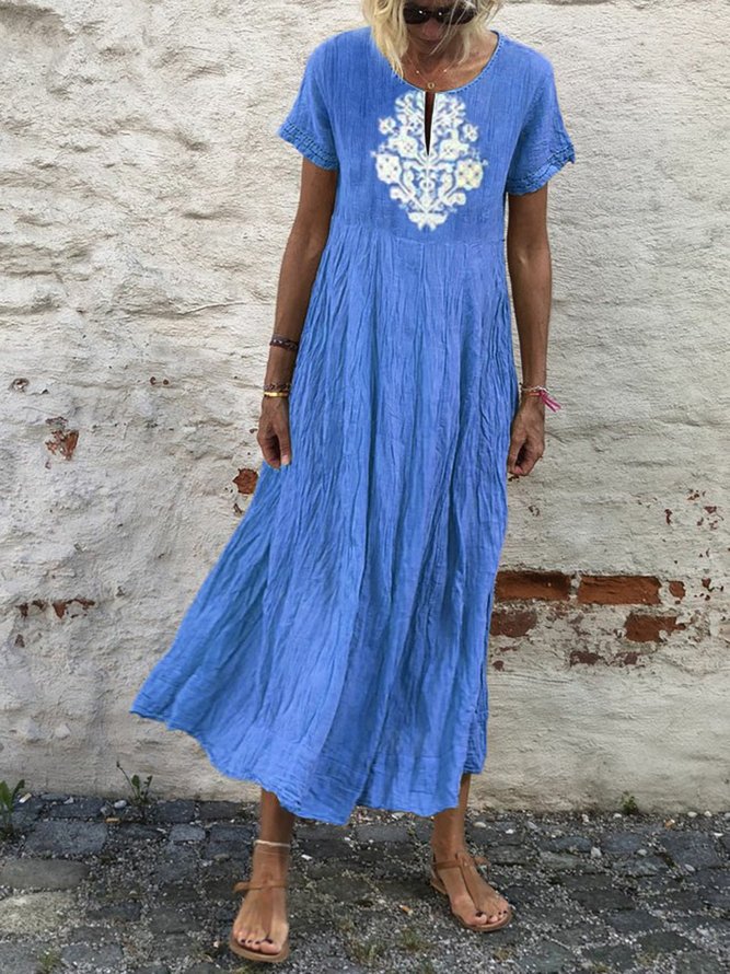 Summer Tribal Dress V-Neck Short Sleeve Maxi Weaving Dress