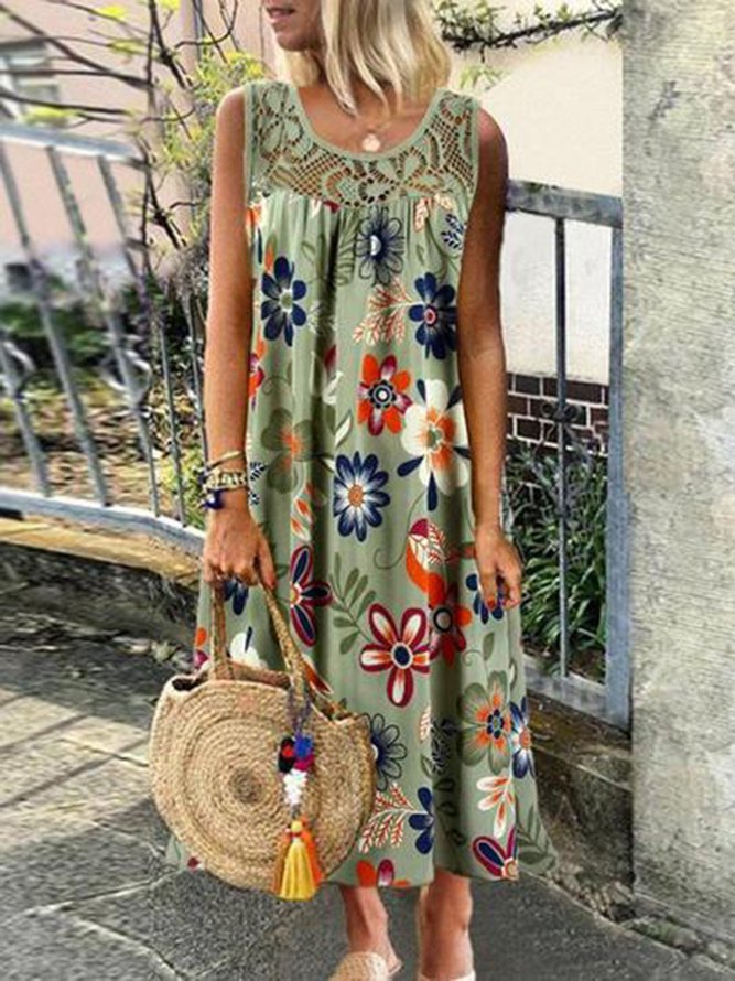 Summer Floral Casual Holiday Crew Neck Sleeveless Paneled Printed Dress ...