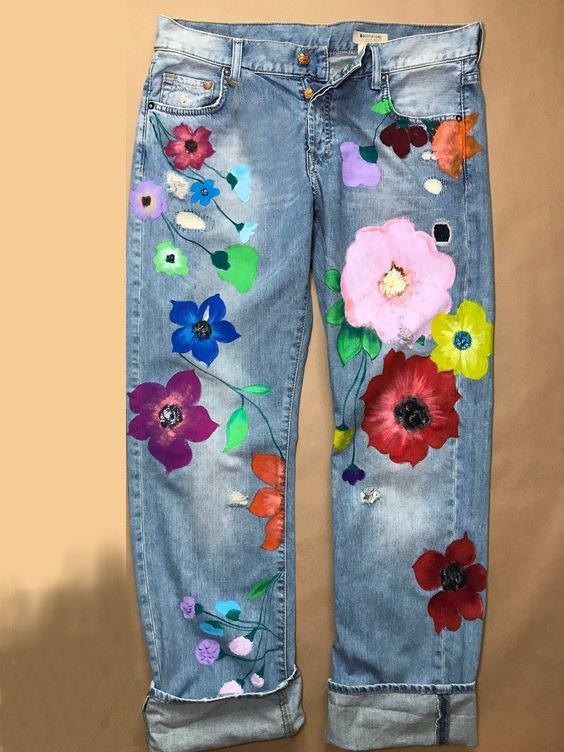 Women Fashion Denim Floral Casual Jeans