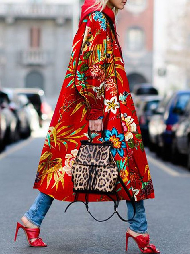 Red Floral Printed Hoodie Long Sleeve Pockets Trench coat