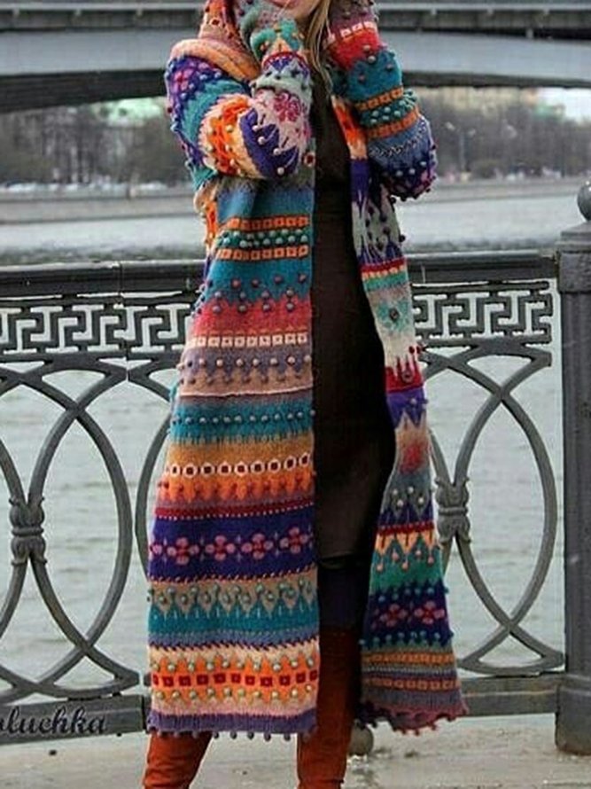 Multicolor Casual Acrylic Tribal Long Sleeve Coats