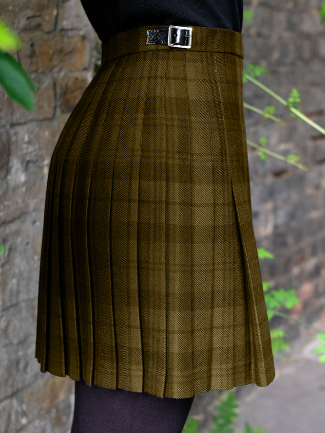 Green Paneled Wool Blend Vintage Plaid Skirt