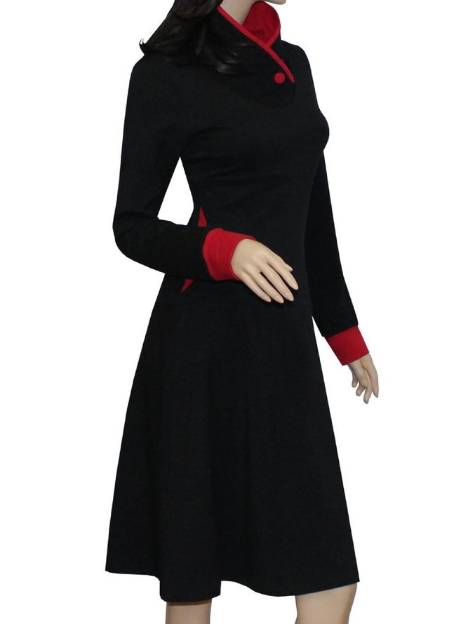 Black Stand Collar Solid Long Sleeve Casual Knitting Dress