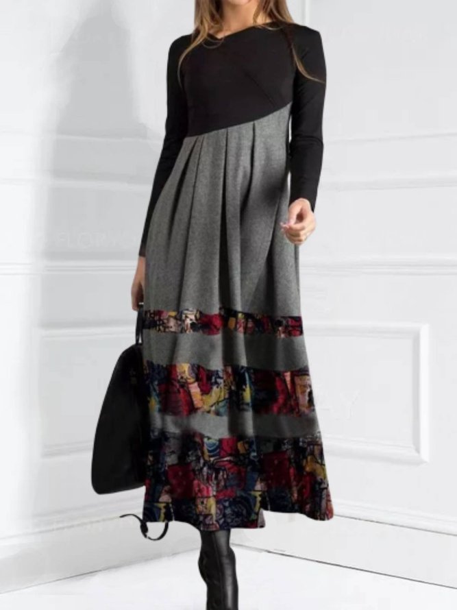 Women Abstract Long Sleeve Cotton-Blend Weaving Dress