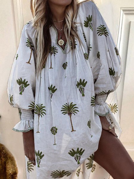 Women Plus Size Casual Sundress Sexy V-neck Lantern Sleeve Floral Print Elegant Loose Bohemian Beach Dress
