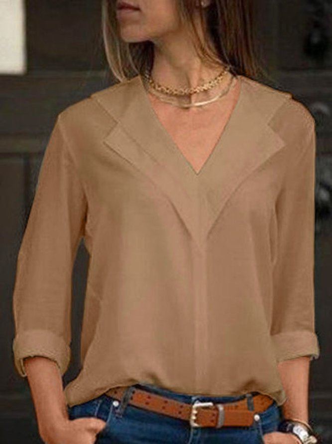 JFN V Neck Solid Color Casual Long Sleeve Blouse
