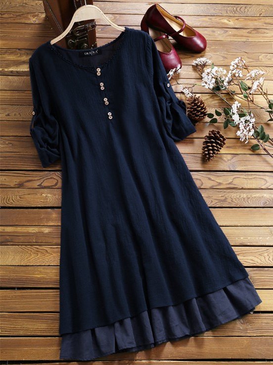 3/4 Sleeve Cotton Casual Buttoned Weaving Dress