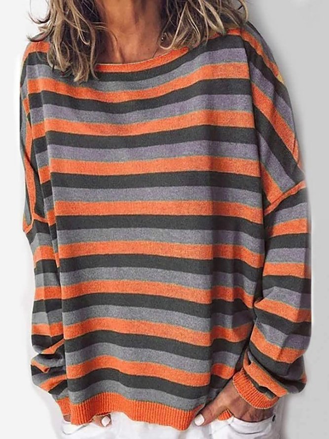Stripe Blouse Round Neck Long Sleeve Casual Sweatshirt