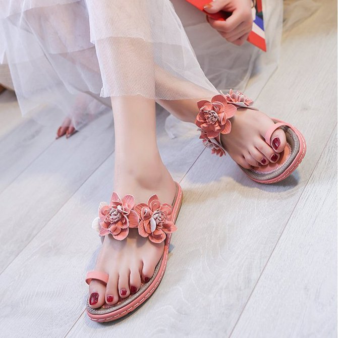 Women Slide Flower Daily Summer Flat Heel Pu Thong Slippers | Women's ...