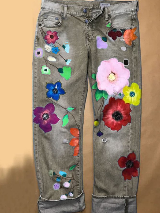 Women Fashion Denim Floral Casual Jeans