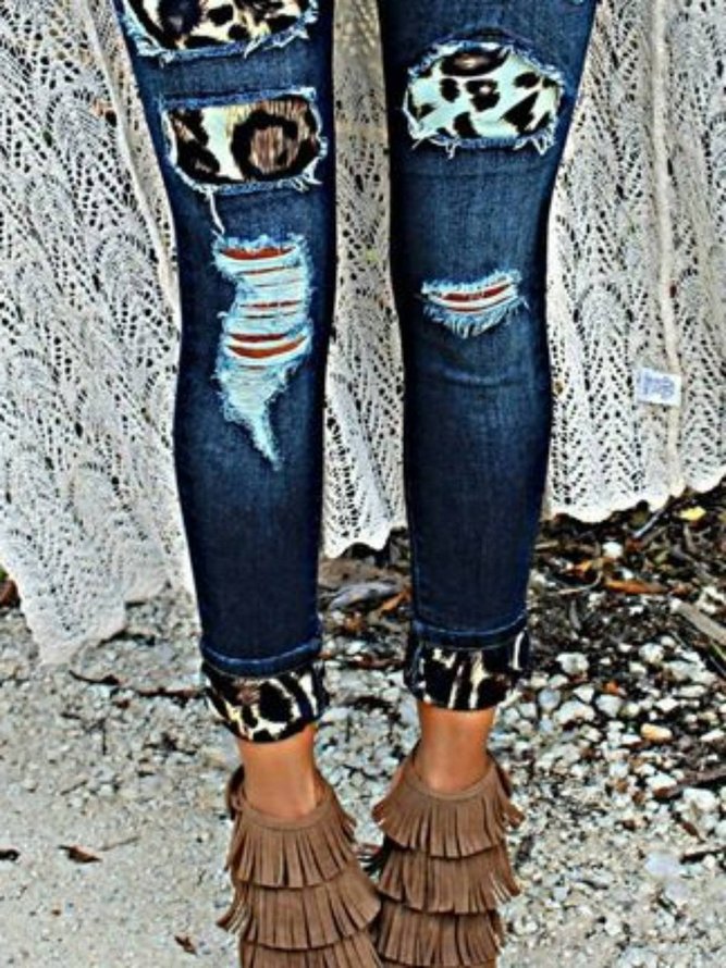 Denim Paneled Leopard Casual Jeans