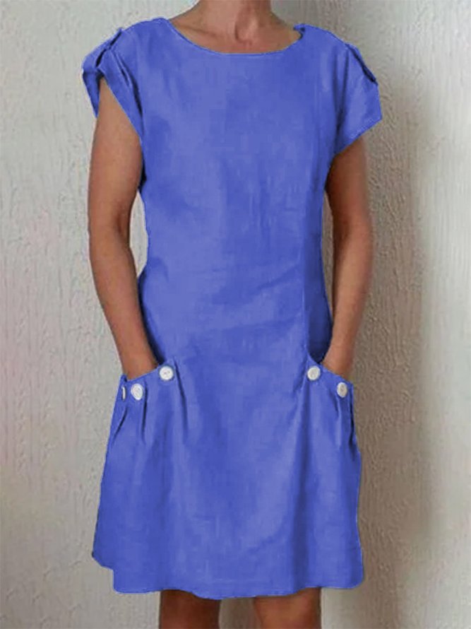 Summer Pockets Buttoned-decor Shift Linen Dresses