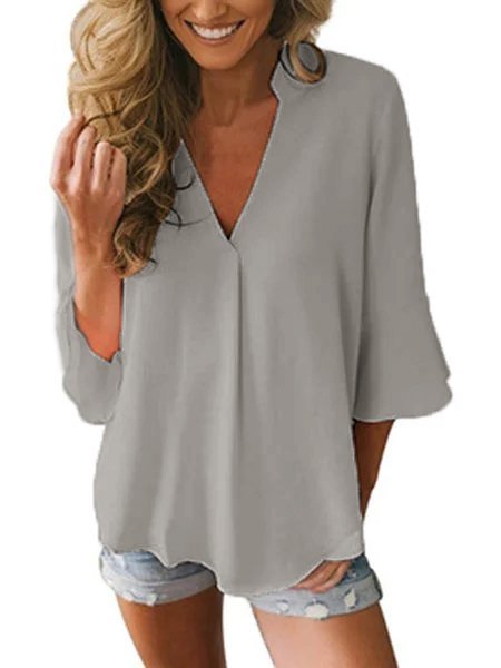 JFN V Neck Solid Casual Blouse