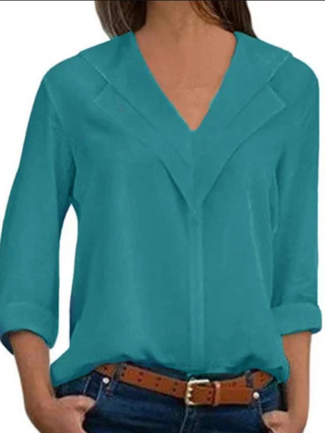 JFN V Neck Solid Color Casual Long Sleeve Blouse