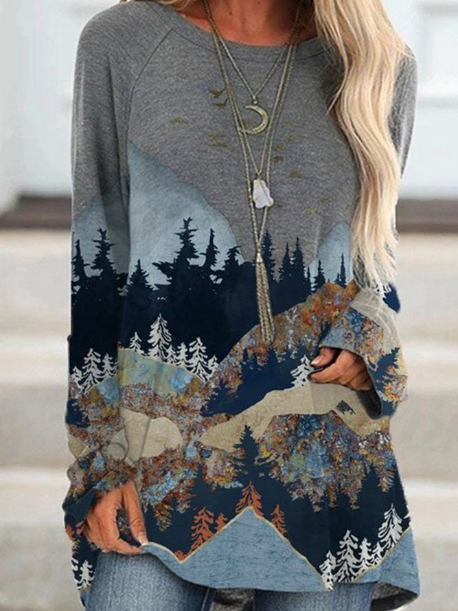Women's mountain treetop print long sleeve T-shirt