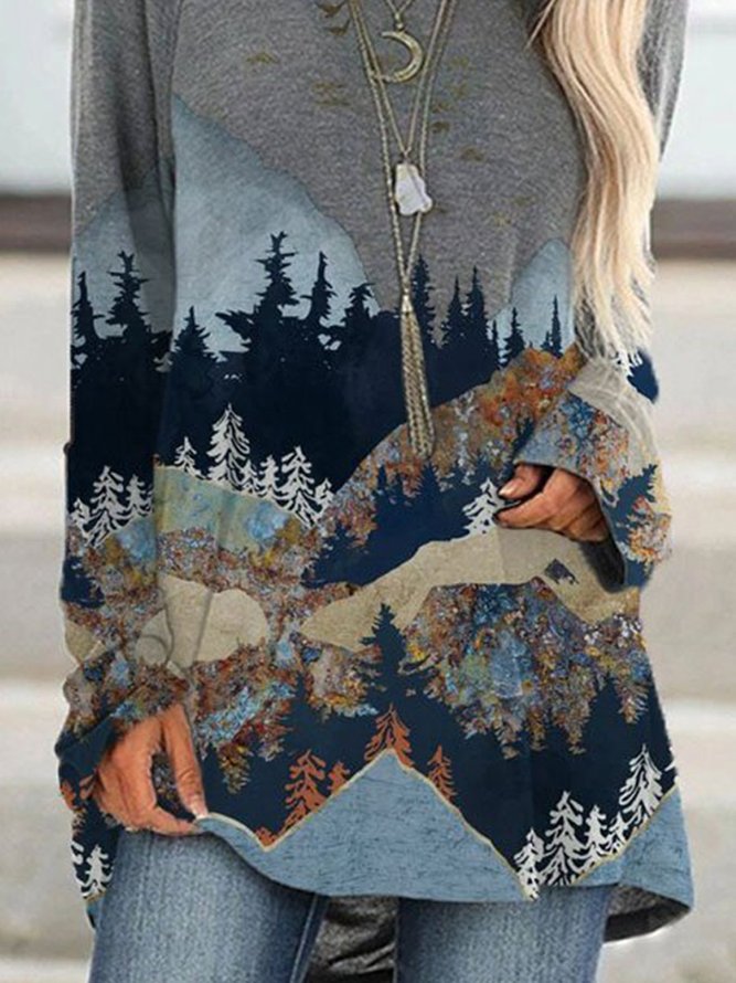 Women's mountain treetop print long sleeve T-shirt