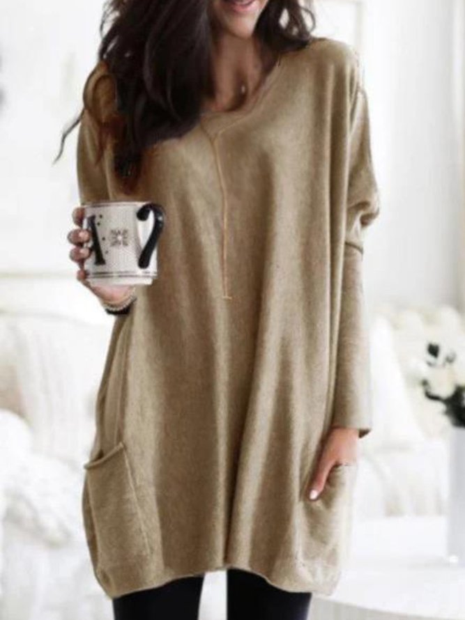 Women Casual Simple Long Sleeve V Neck Pockets Loose Sweatershirt