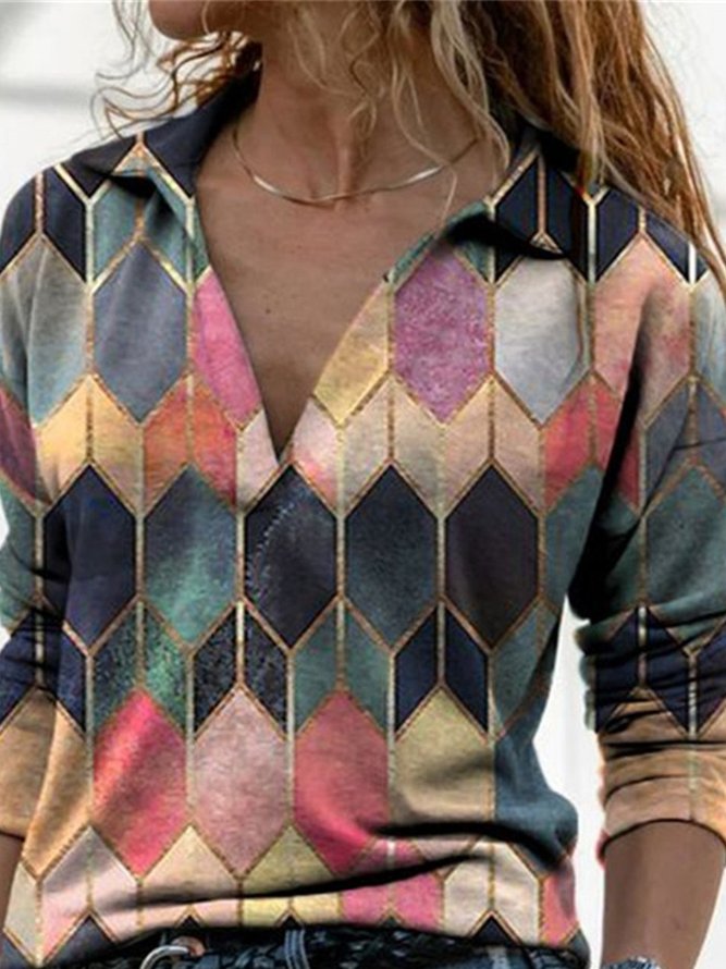 Shirt Collar Casual Cotton-Blend Abstract Long Sleeve Tops