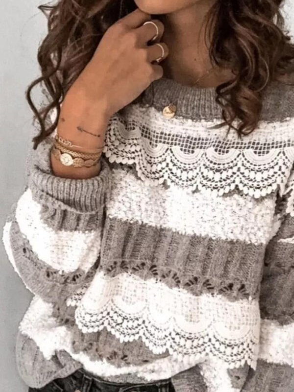 Women's Color Blocked Lace Crew Neck Casual Sweater
