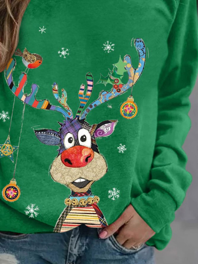 Women's Green Sweatshirt  Christmas Reindeer Printed