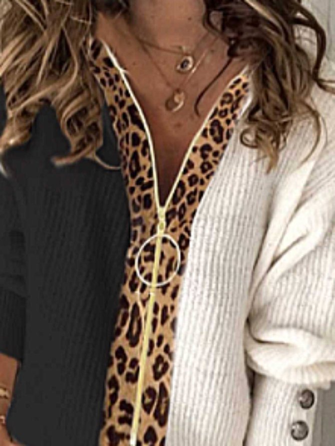 JFN Zipper Leopard Buttons Long Sleeve Sweater