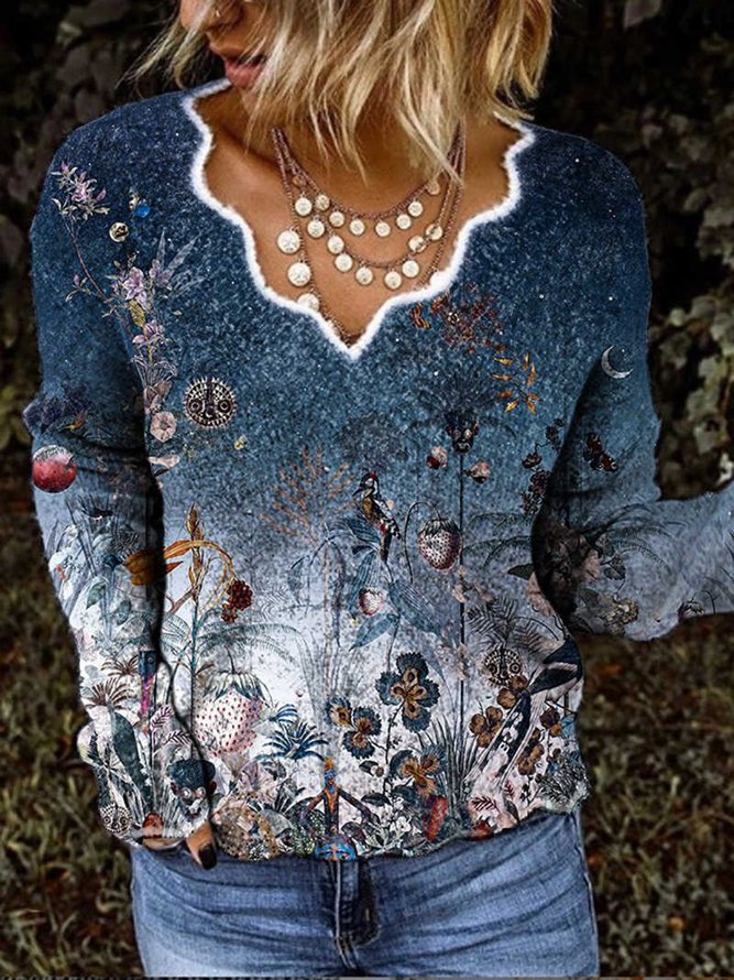 Women Casual Flowers Print V Neck Sweater