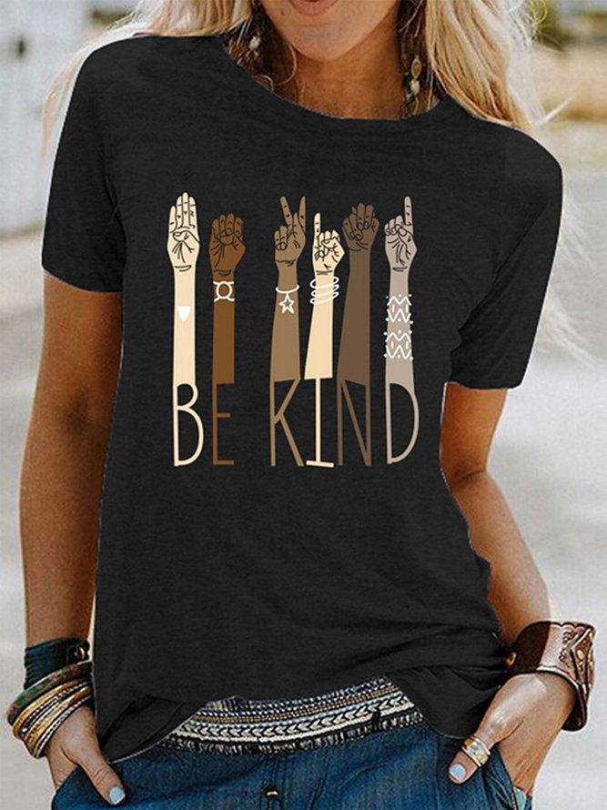 Women's Be kind T-shirt Letter Round Neck Tops Loose Basic Top