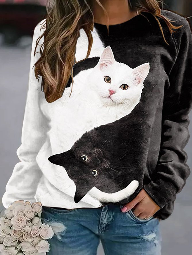Women YinYan Cat Crew Neck Cotton-Blend Casual Sweatshirts