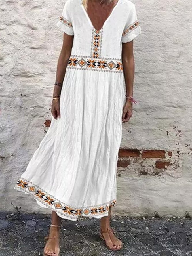 Linen Tribal Shift V Neck Short Sleeve Dresses | justfashionnow