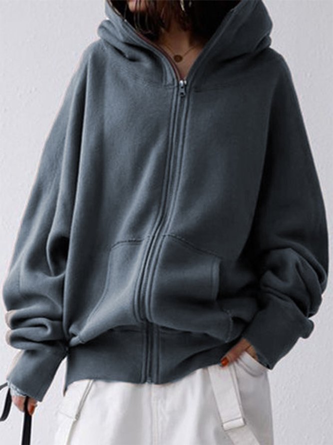 Gray Zipper Plain Long Sleeve Knit coat