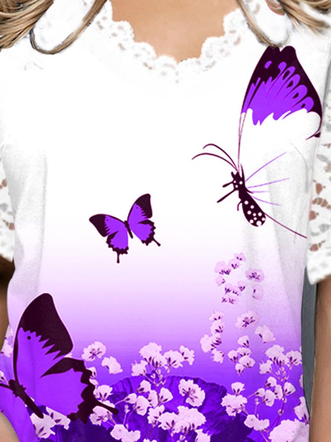 Cold Shoulder Butterfly Print Lace Panel Ombre T Shirt