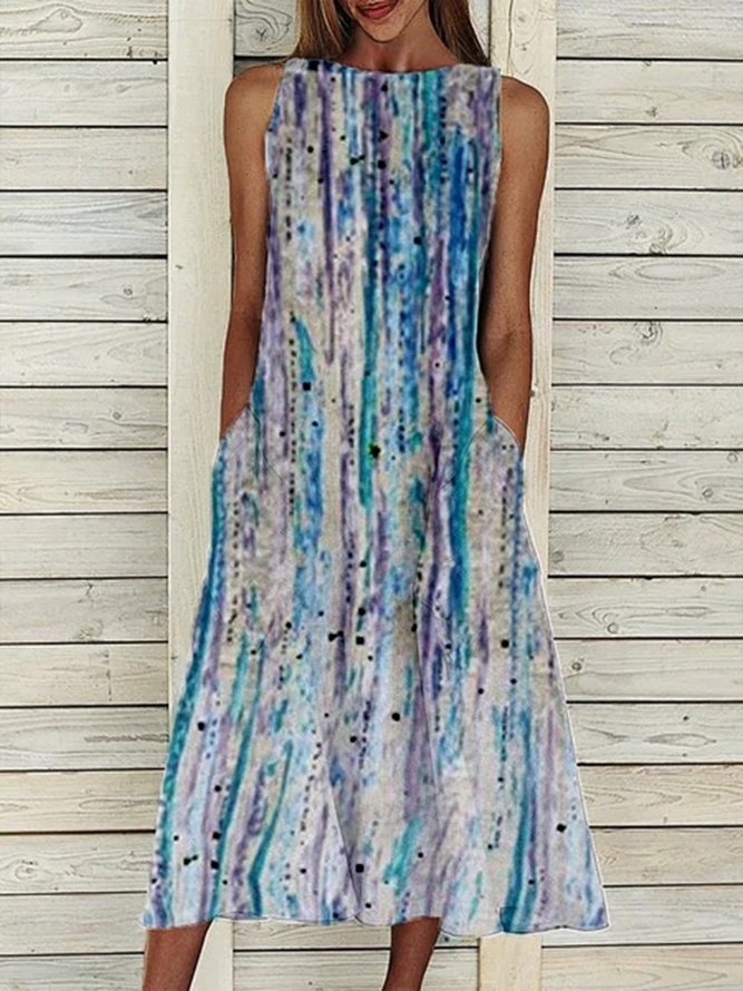 Printed Sleeveless Cotton-Blend Casual Weaving Dress