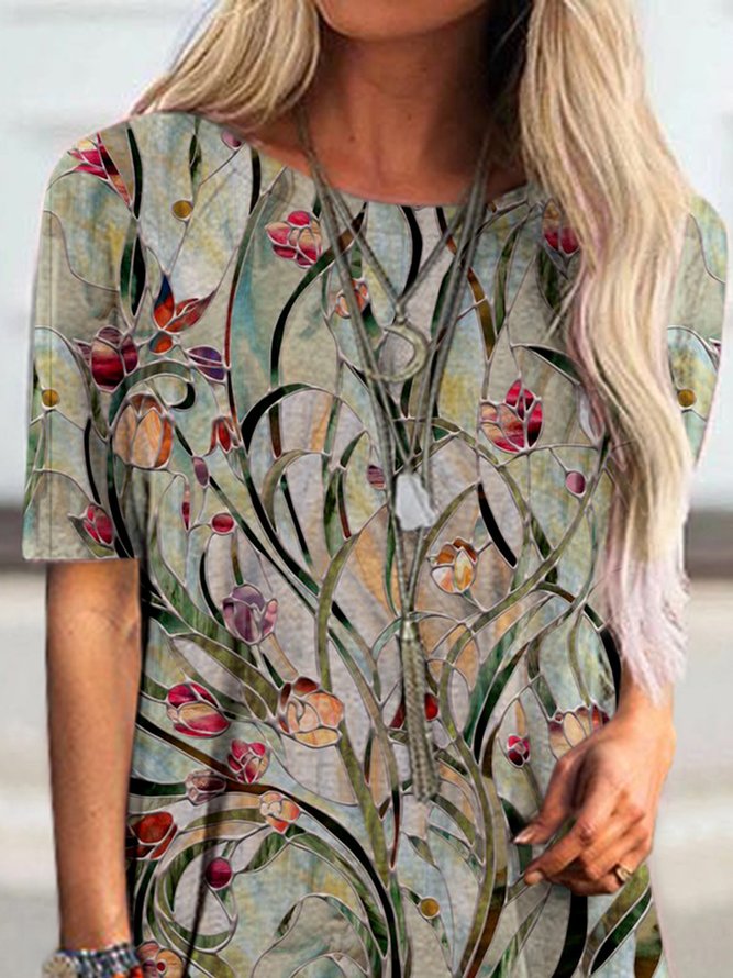 JFN Round Neck Floral Causal Tunic Tops
